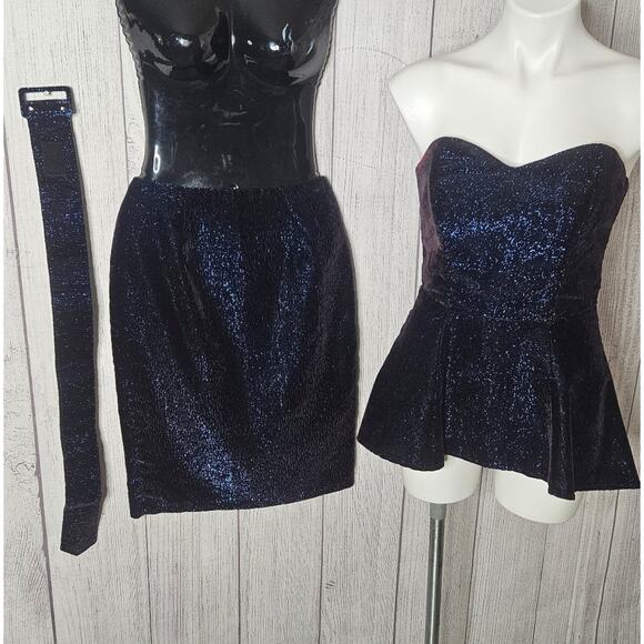 VTG Hearts - Black/Blue Sparkle 3 Piece Skirt Set - Skirt, Top, & Belt - Picture 1 of 9
